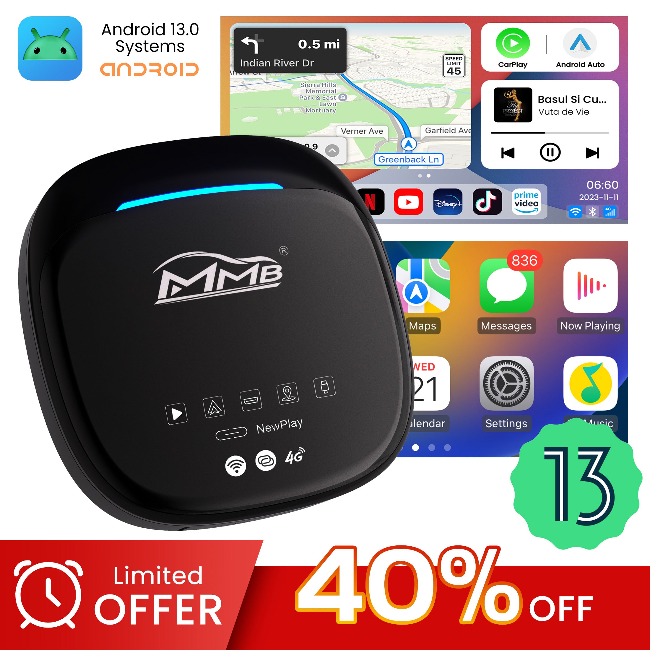 AutoSky Wireless CarPlay and Android Auto AI Box Lite - Supports Netfl -  AutoSky