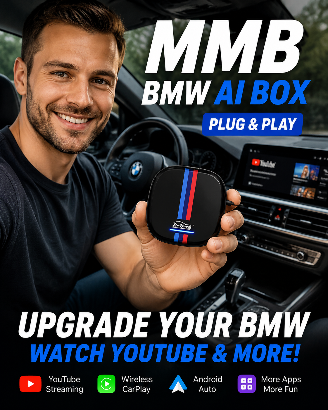BMW AI Box audio delay solution with MMB BMW AI Box featuring wireless CarPlay, YouTube streaming and Android Auto