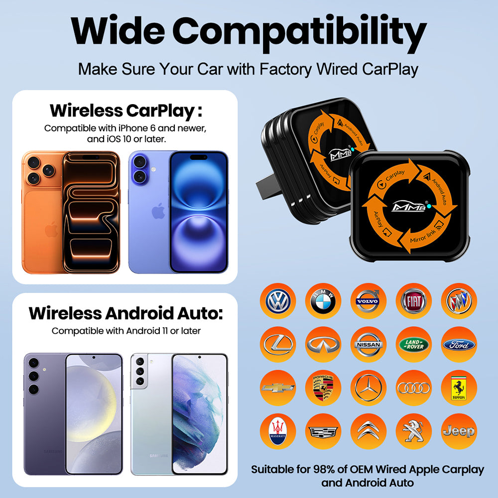 MMB Mini Max Wired to Wireless Bluetooth WiFi CarPlay Android Auto Adapter