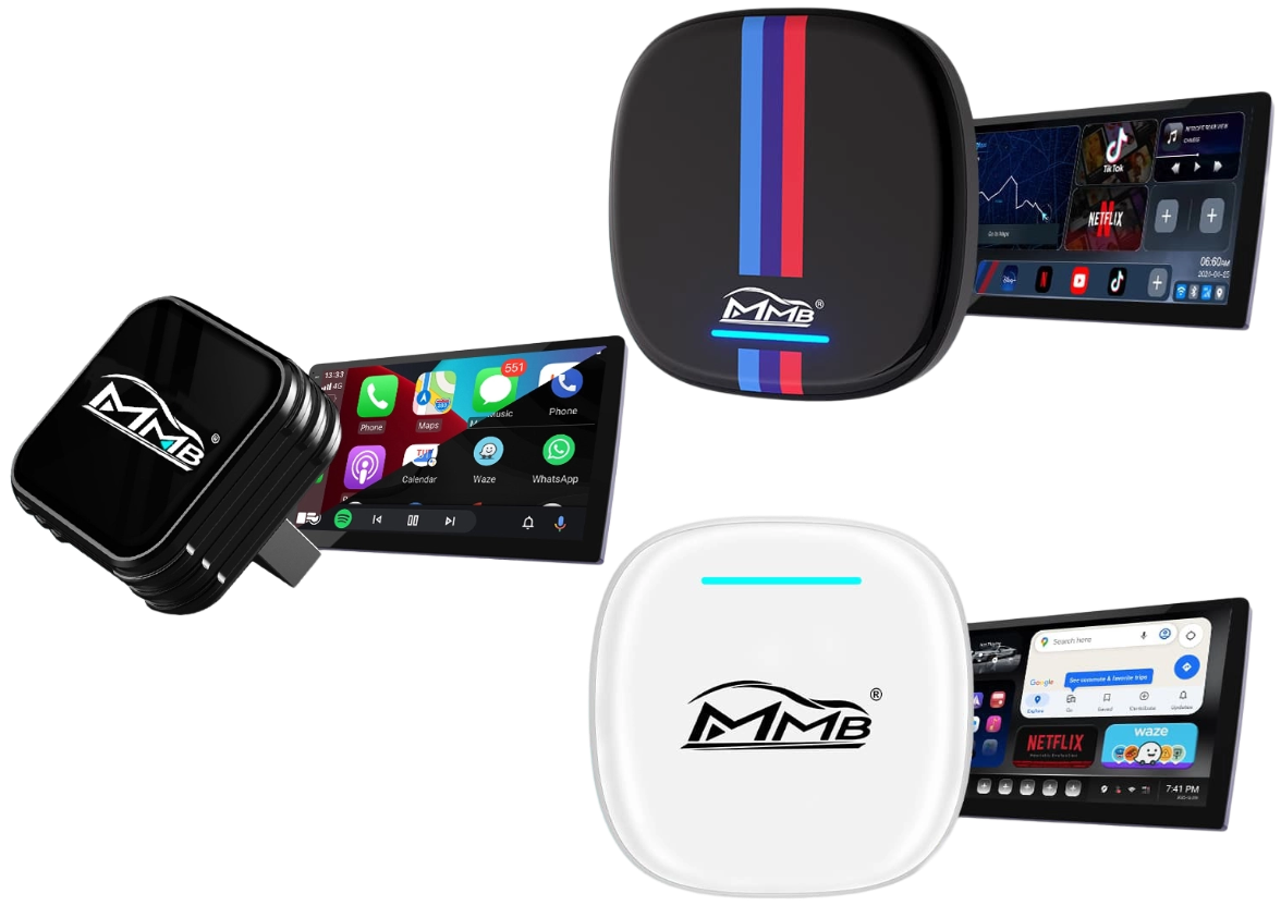 MMB BMW AI Box wireless CarPlay and Android Auto adapter connected to BMW infotainment screen