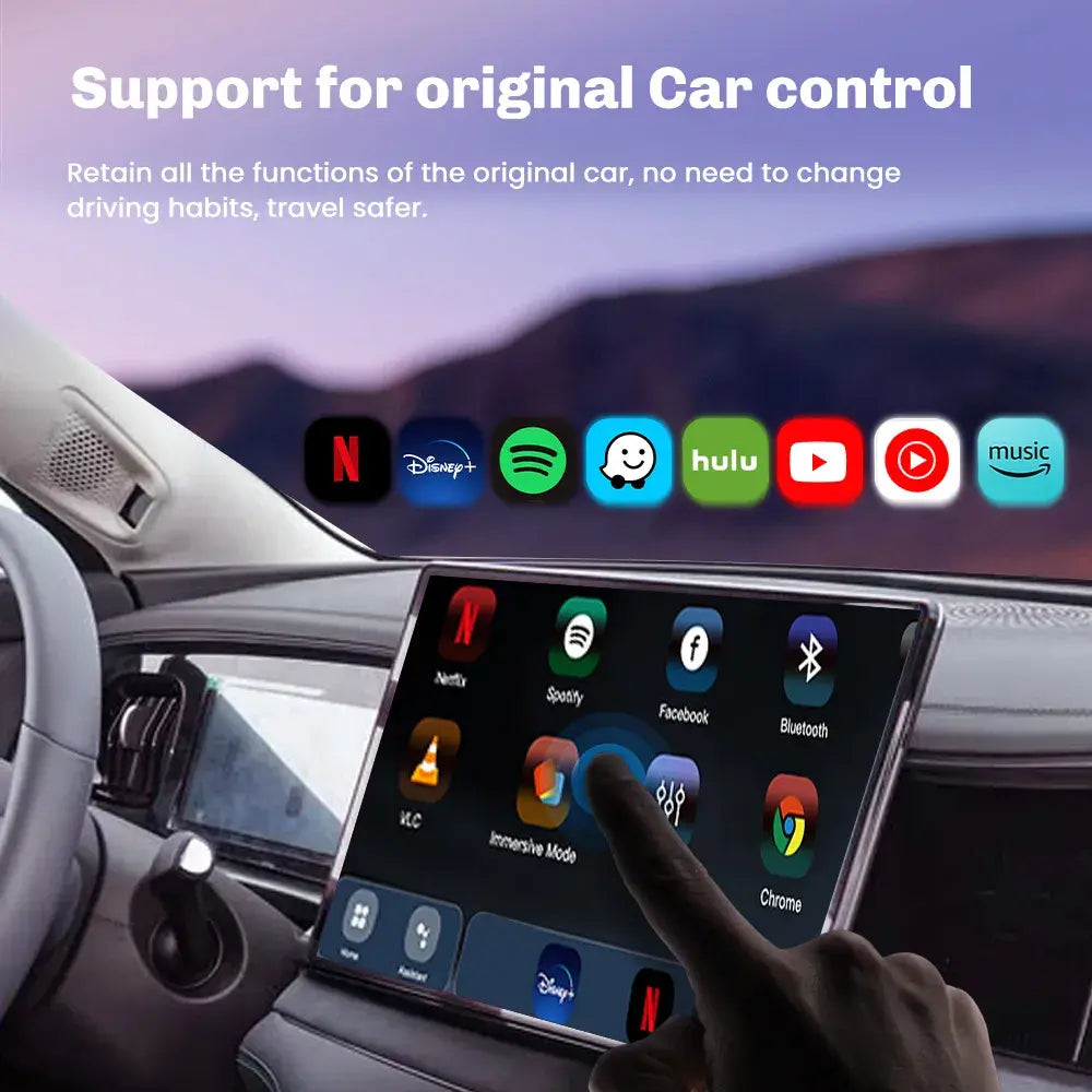 BYD CarPlay AI Box touchscreen interface retaining original vehicle controls and supporting entertainment apps