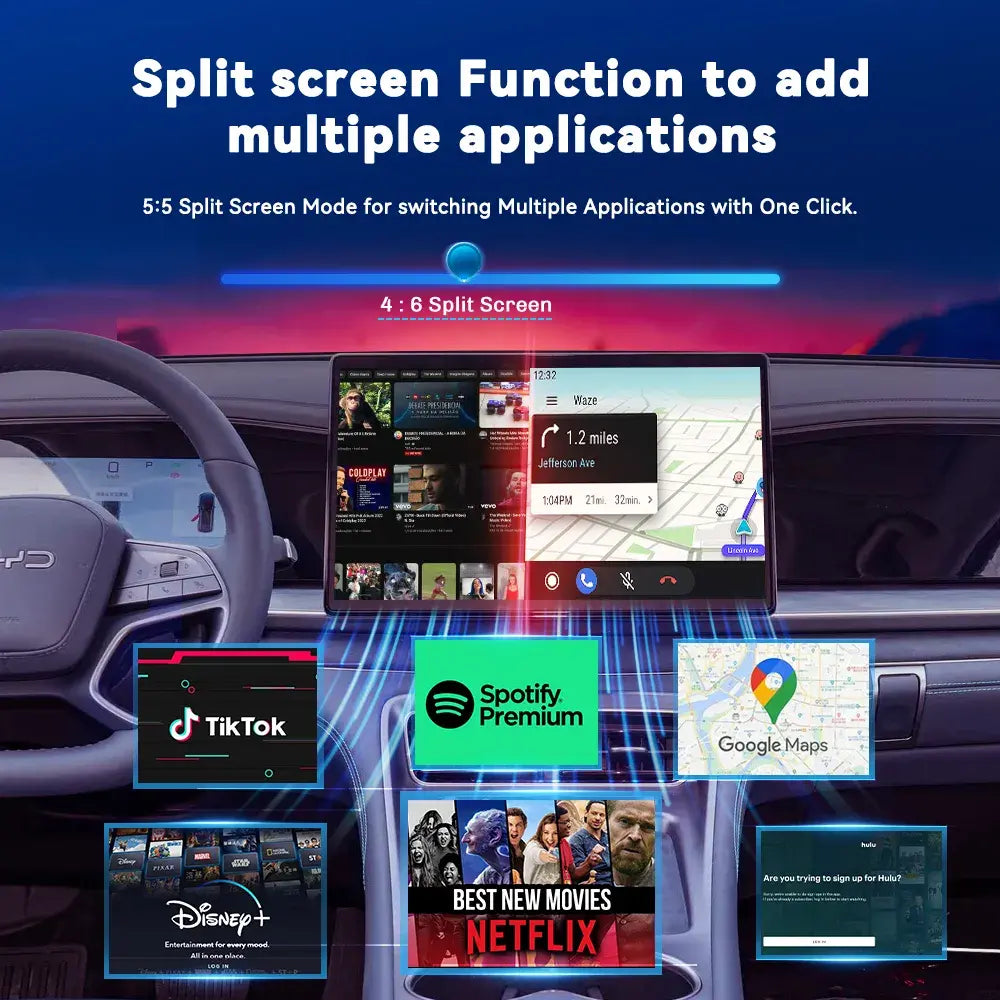 BYD CarPlay AI Box split-screen mode displaying navigation and entertainment apps simultaneously
