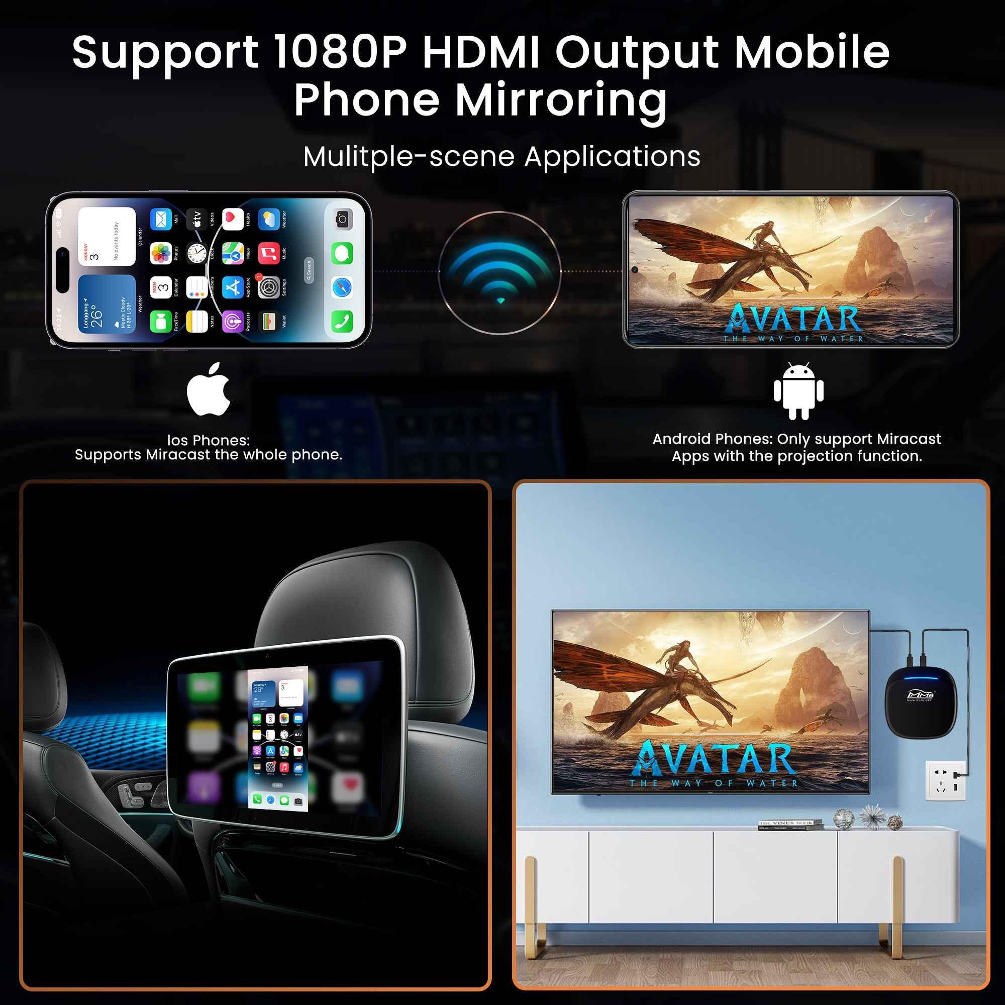 MMB multimedia box supporting 1080P HDMI output and wireless screen mirroring from compatible iPhone and Android devices.