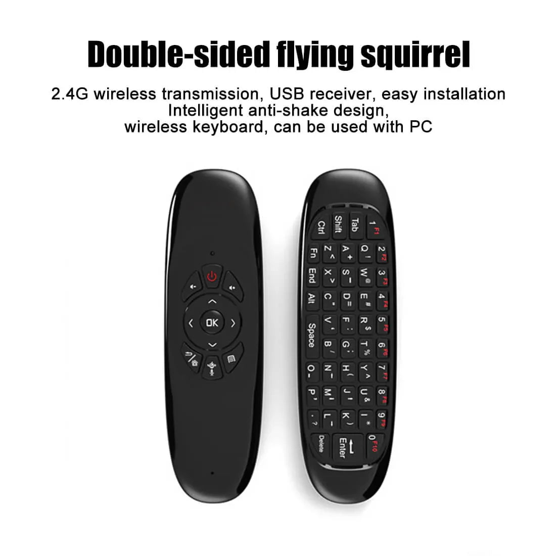 Double-sided MMB 2.4G wireless remote with air mouse controls, QWERTY keyboard and USB receiver support