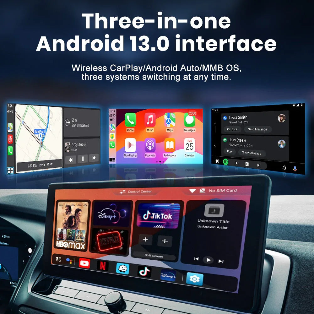MMB 3-in-1 Android AI box with Android 13, wireless Apple CarPlay and Android Auto interfaces.
