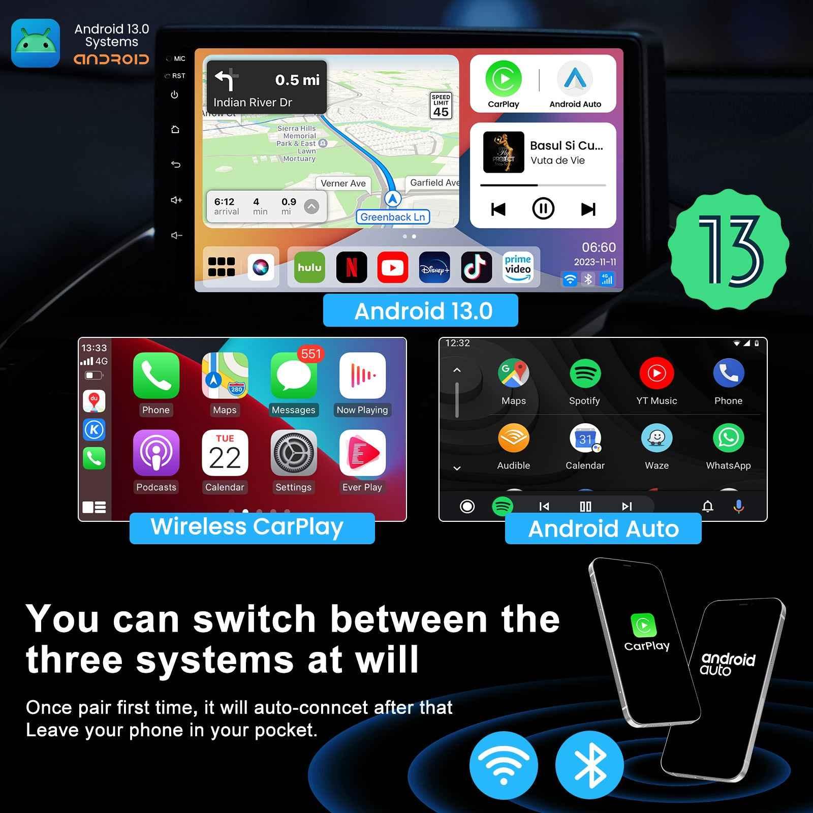 MMB 3-in-1 AI box supporting Android 13, wireless Apple CarPlay and Android Auto with automatic phone connection.