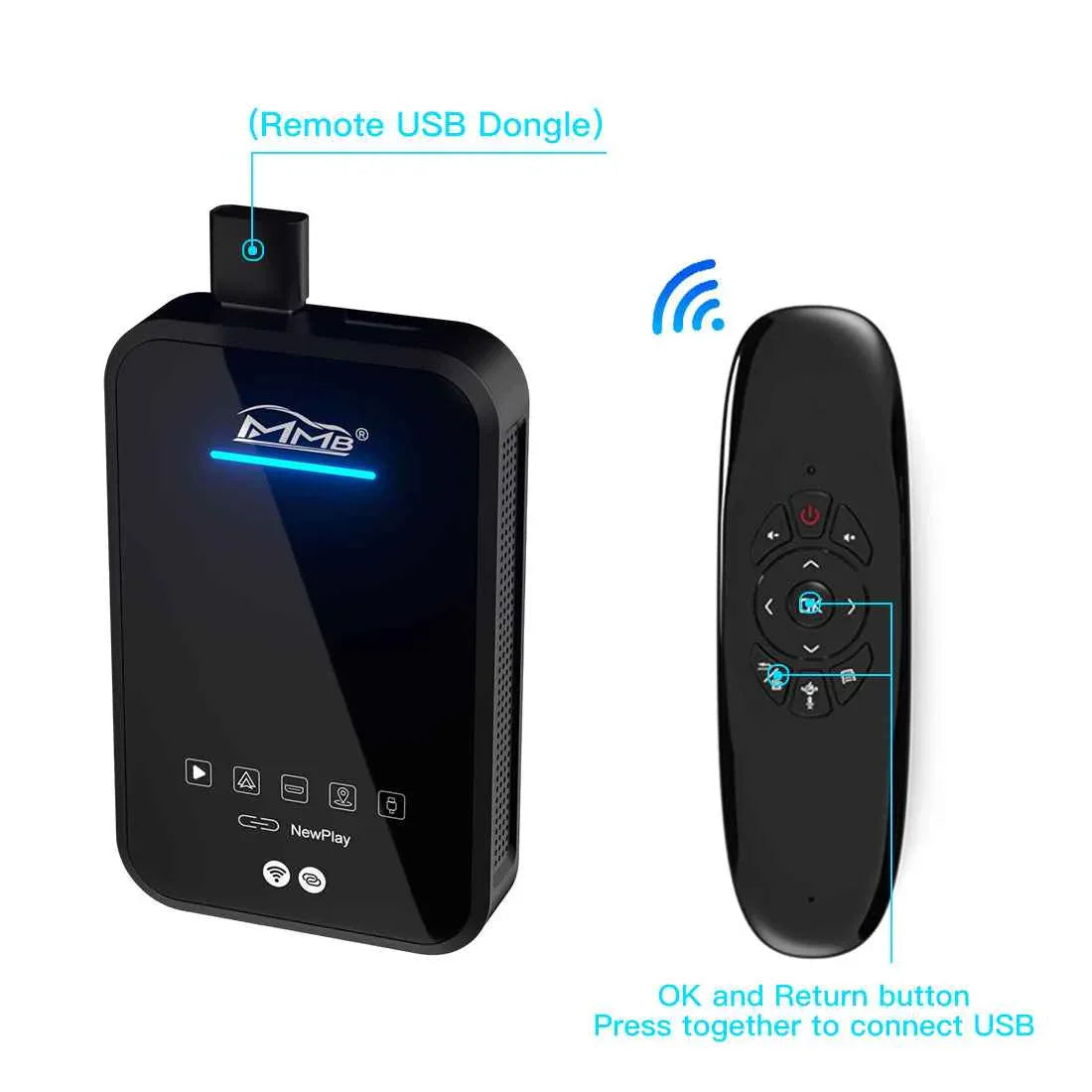 MMB wireless air mouse remote connecting to an Android CarPlay AI box through a USB receiver