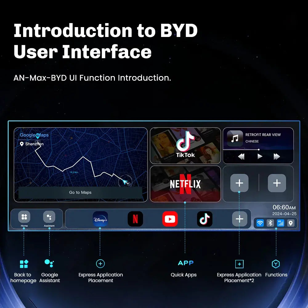 MMB AN-Max-BYD Android interface with Google Maps, entertainment apps, shortcuts and vehicle functions