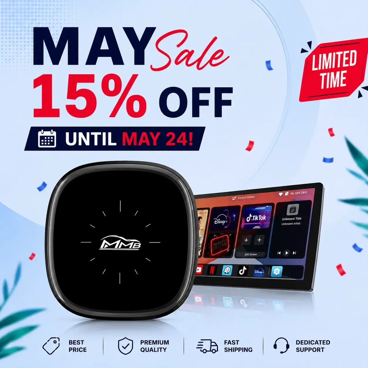 MMB Android CarPlay AI box promotional sale banner featuring a limited-time 15% discount.