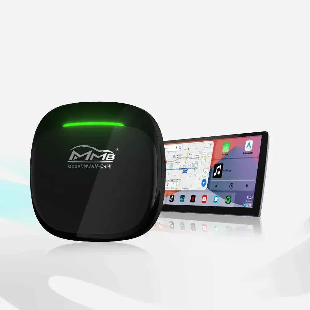 Black MMB Android CarPlay AI box with green status light and customizable in-car multimedia interface