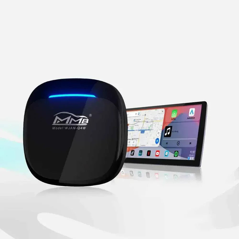 MMB Android CarPlay multimedia box with an in-car touchscreen interface for navigation, music and apps.