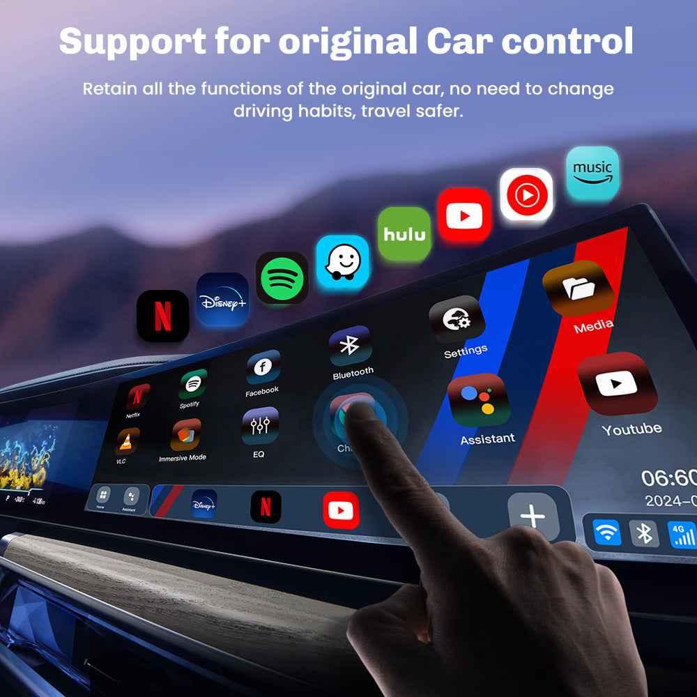 User interacting with a touchscreen car display featuring various apps such as Netflix, Spotify, and YouTube, with text indicating support for original car control.