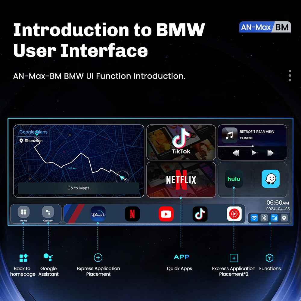 MMB BMW Android interface with Google Maps, Google Assistant, customizable shortcuts and entertainment apps