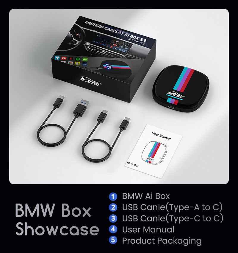 MMB BMW Android CarPlay AI box package with USB-A to USB-C cable, USB-C cable, user manual and retail box