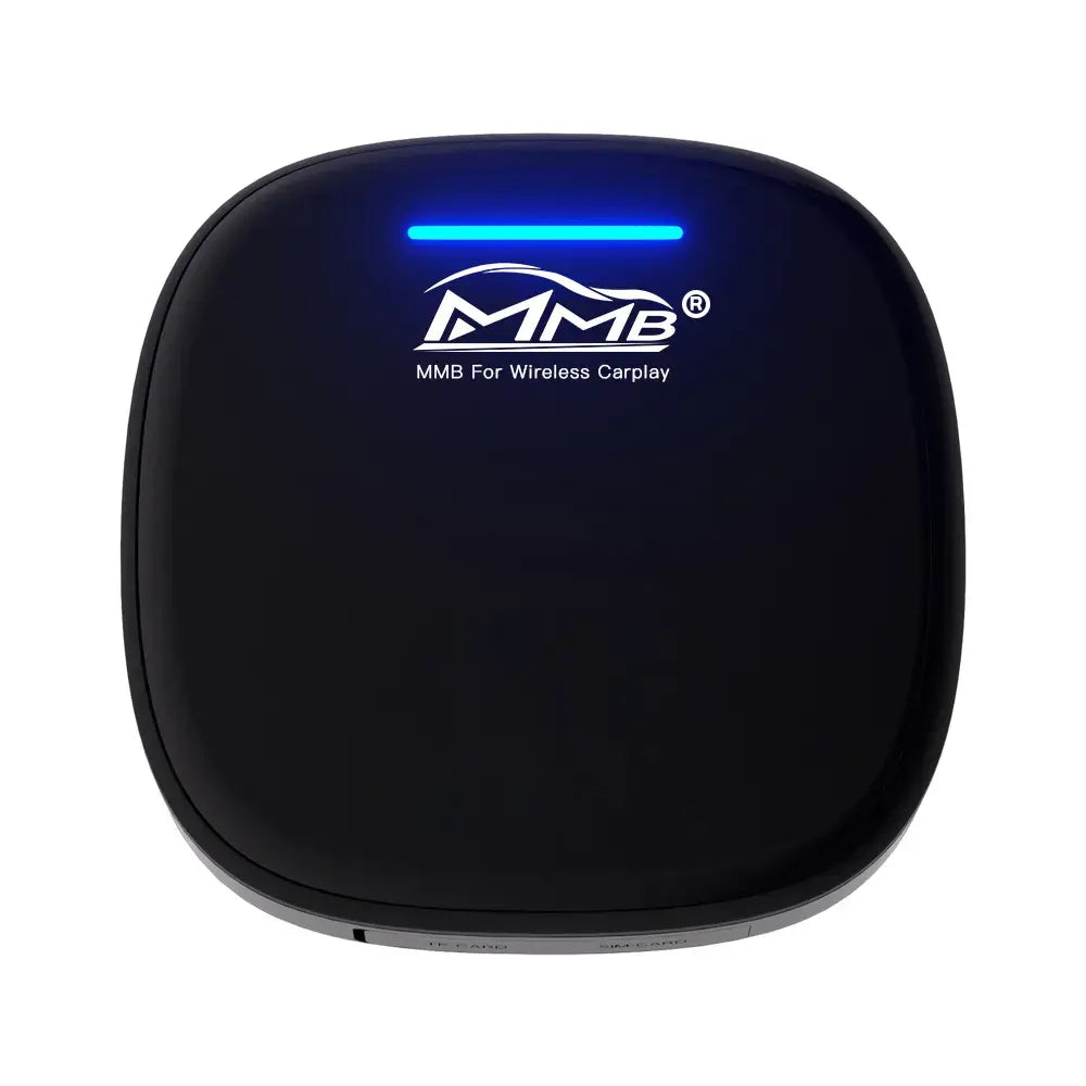 Black MMB wireless CarPlay box with blue status light for BYD vehicles