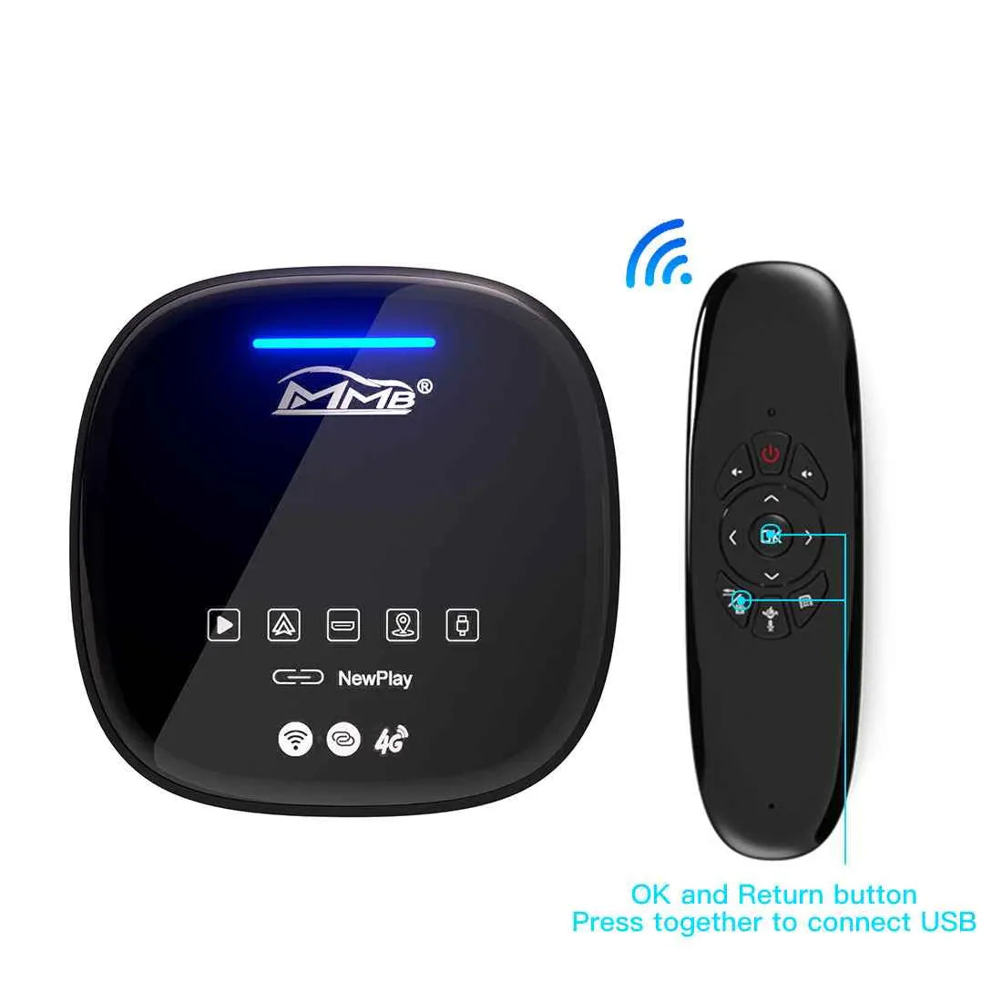 MMB Android CarPlay AI box with wireless air mouse remote for menu navigation and media control