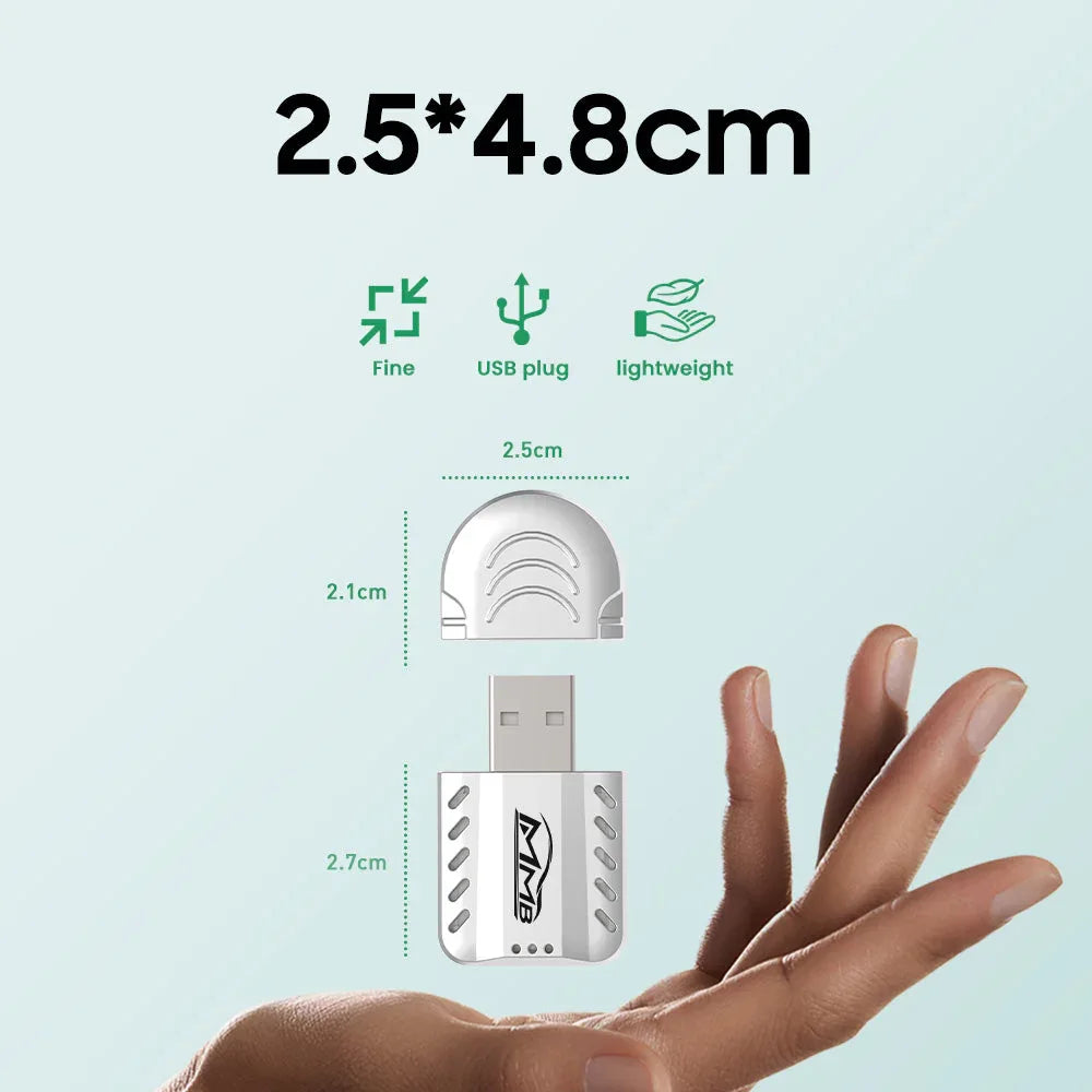 MMB lightweight wireless CarPlay USB adapter measuring approximately 2.5 × 4.8 cm with a removable cap.