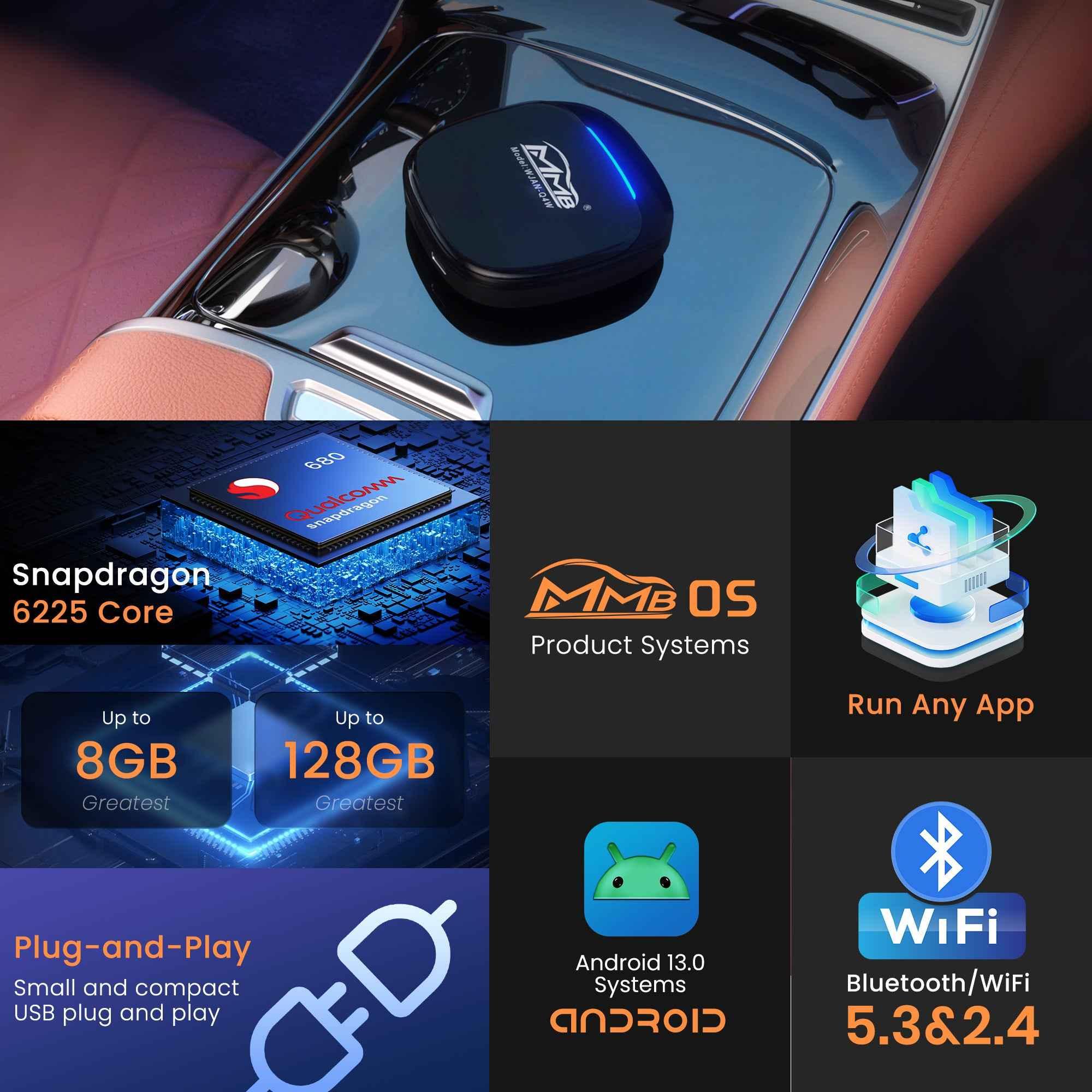 MMB Max 5.0 Ai Box Android 14 Multimedia Wireless Carplay Adapter