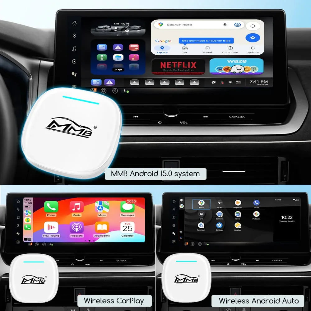 MMB Max Ultra AI Box provides Android 15 apps, wireless Apple CarPlay and wireless Android Auto on compatible car screens.