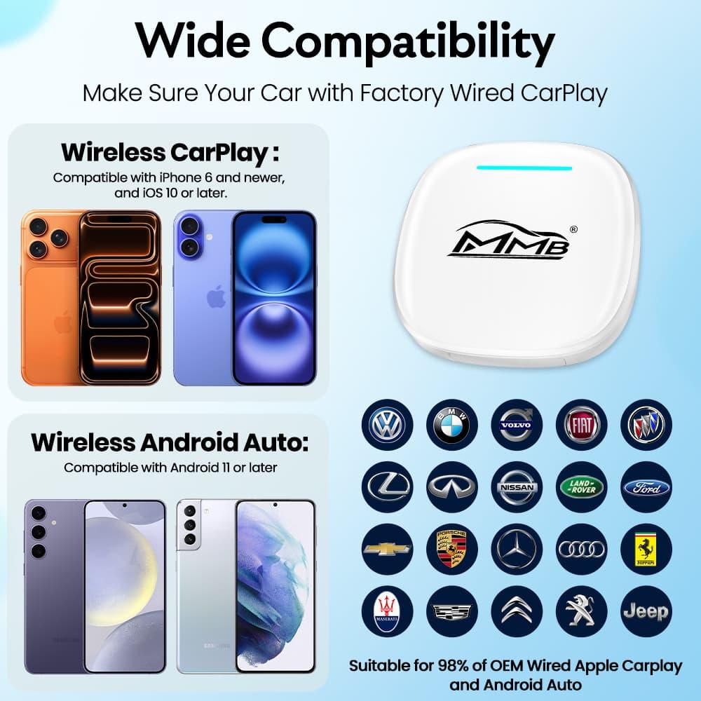 MMB Max Ultra wireless CarPlay adapter compatibility guide for supported iPhones, Android phones and factory-wired vehicles.