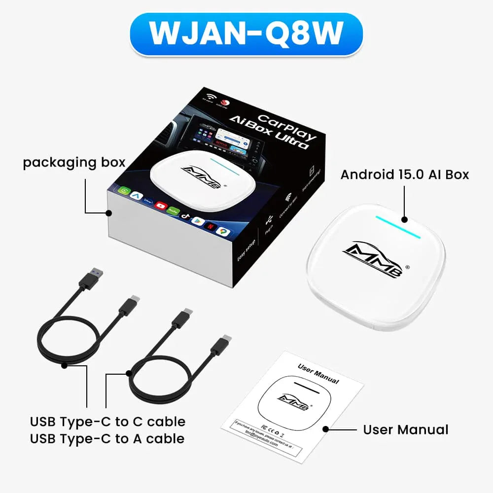 MMB Max Ultra AI Box package with wireless CarPlay adapter, USB-C cables, retail packaging and user manual.