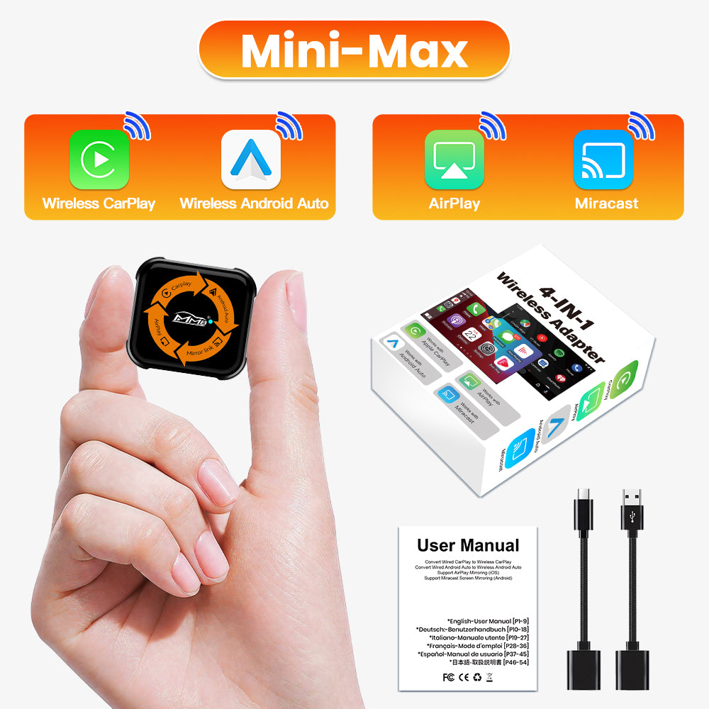 MMB Mini-Max 4-in-1 wireless adapter package with CarPlay, Android Auto, AirPlay, Miracast, cables and user manual