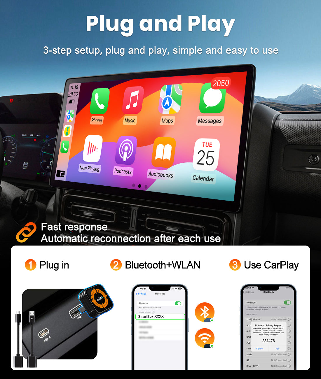 Three-step MMB Mini-Max setup using the vehicle USB port, Bluetooth and Wi-Fi for automatic CarPlay reconnection
