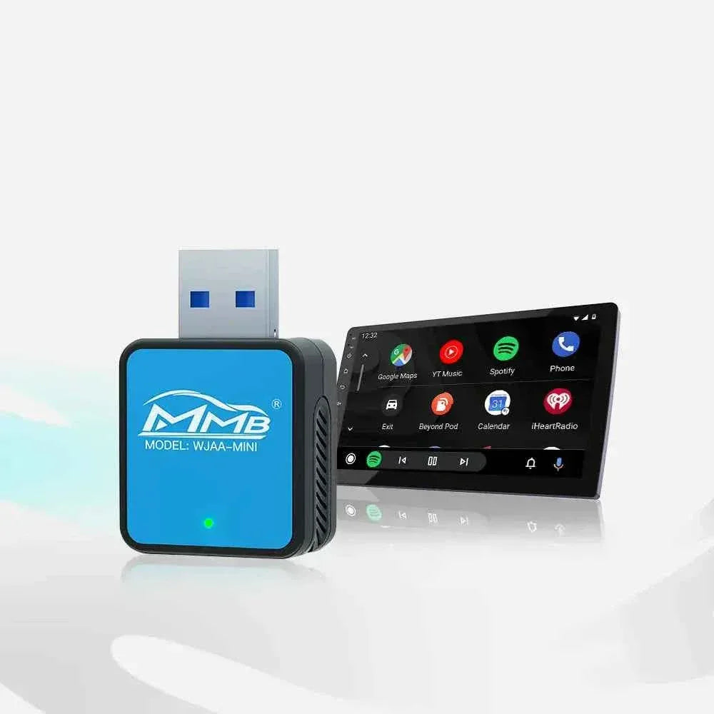 MMB mini USB wireless Android Auto adapter displayed beside a vehicle screen with navigation, music and phone apps.