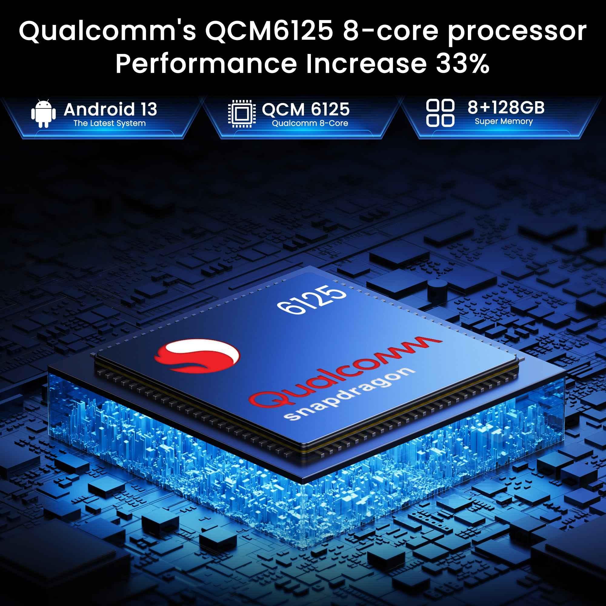MMB Android CarPlay AI box powered by an octa-core Qualcomm Snapdragon processor with 8GB RAM and 128GB storage.