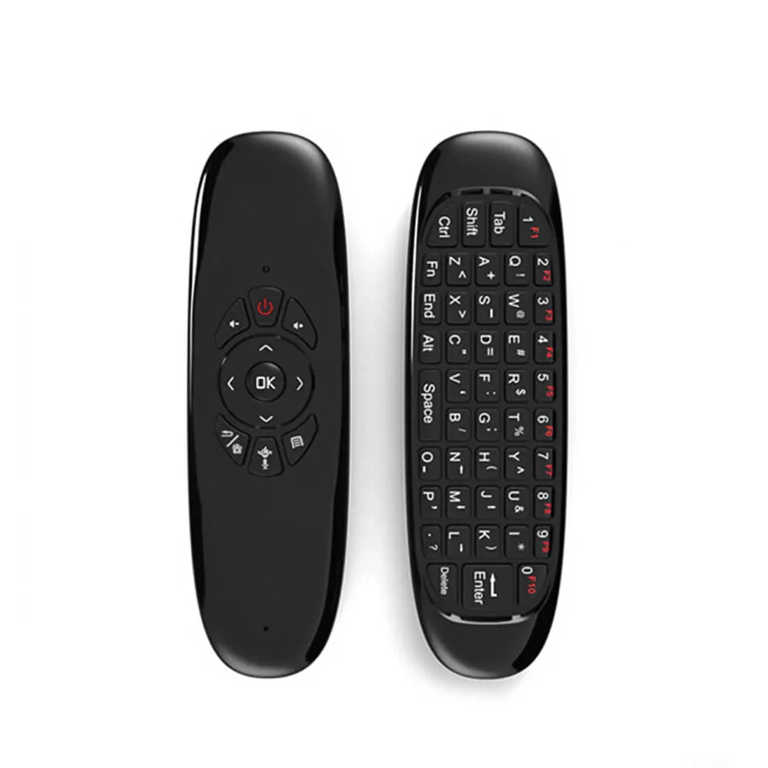 Front and rear views of the MMB wireless air mouse remote with navigation buttons and a compact QWERTY keyboard