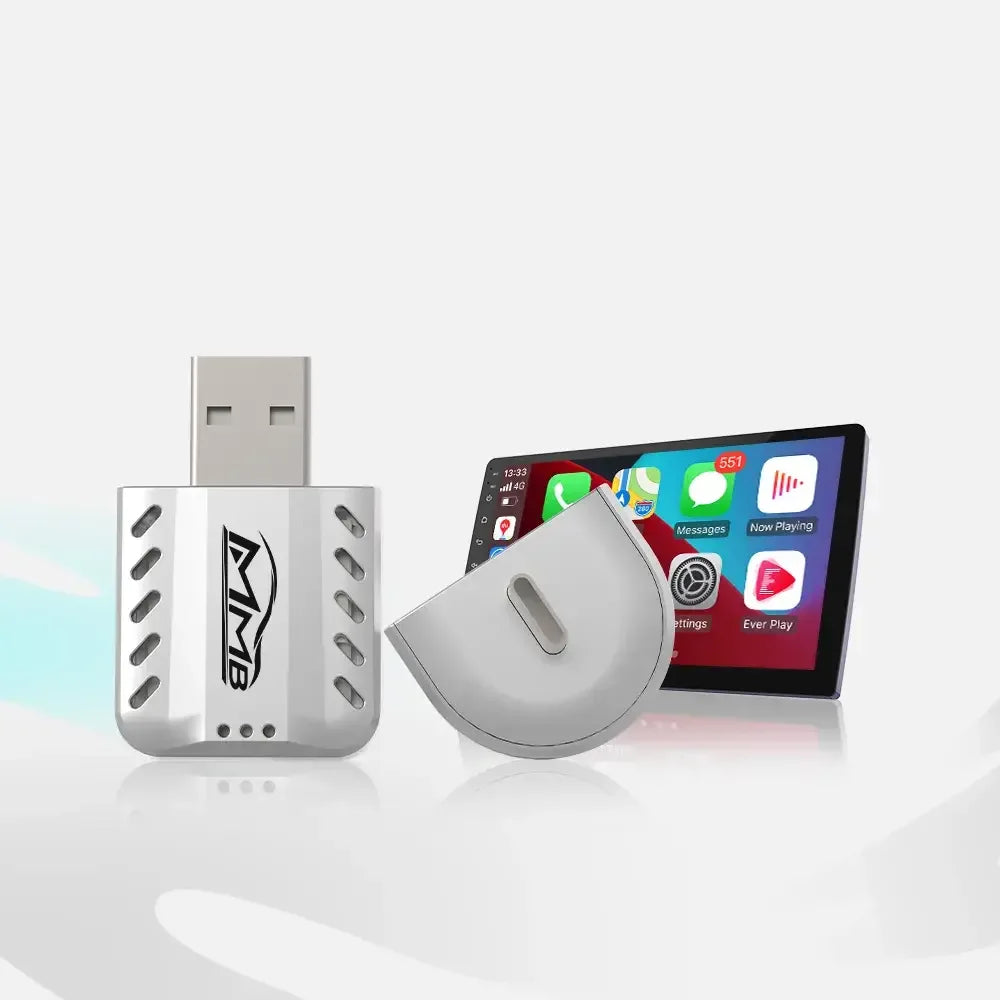 MMB wireless CarPlay USB adapter with a removable protective cap, displayed beside an in-car Apple CarPlay screen.