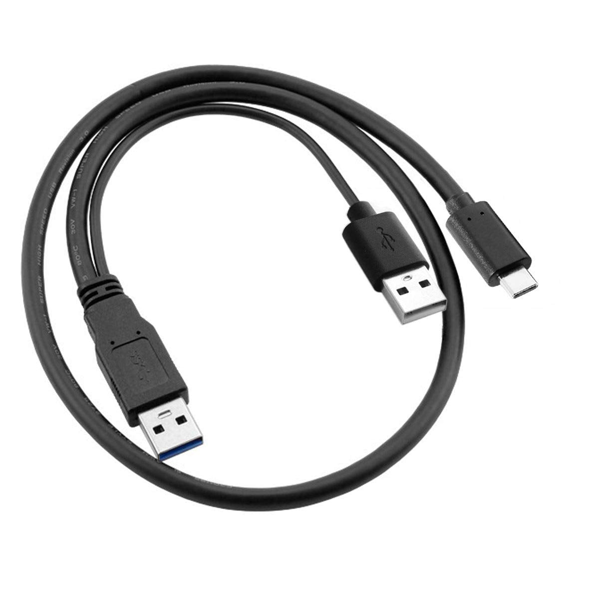 High-speed data and power Y cable with USB-C and dual USB-A plugs, compatible with MMB and other car streaming devices.