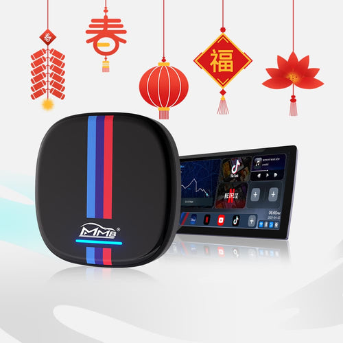 MMB BMW AI Box wireless CarPlay multimedia adapter displayed with BMW car screen