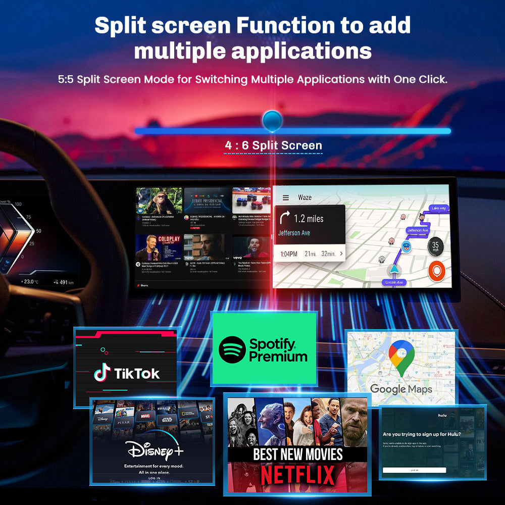 MMB BMW AI Box split screen display showing navigation and entertainment apps together