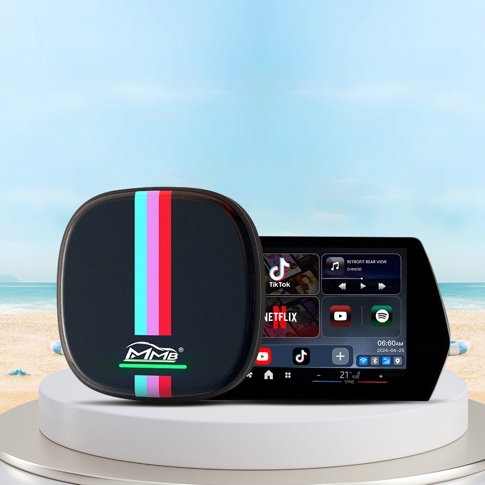 MMB BMW AI Box wireless CarPlay multimedia adapter displayed with BMW car screen