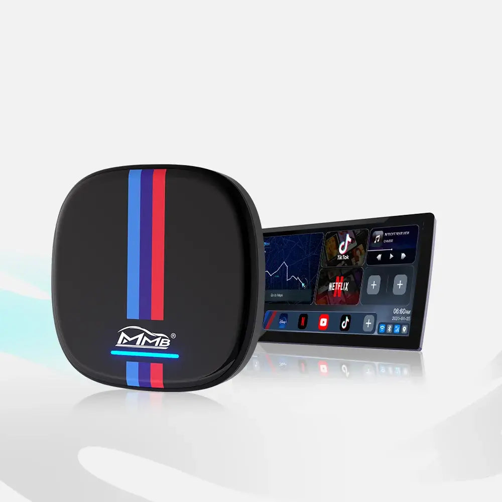 A high-quality product shot of the MMB BMW AI Box, featuring a sleek black finish with signature blue, purple, and red vertical stripes and a glowing LED MMB logo. In the background, a car infotainment screen displays various multimedia apps like Netflix, TikTok, and Google Maps.