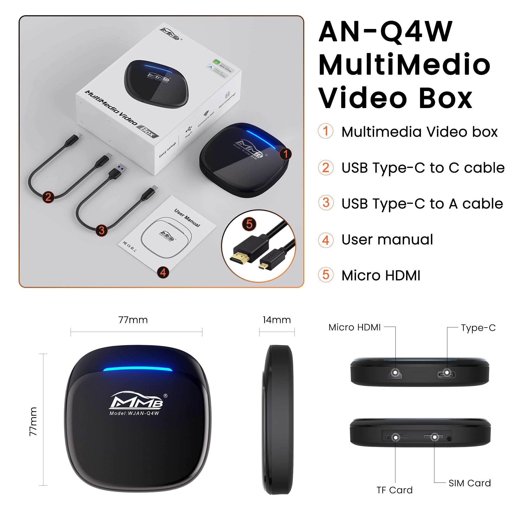 MMB Max 4.0 AN-Q4W wireless CarPlay adapter showing package contents, ports and dimensions