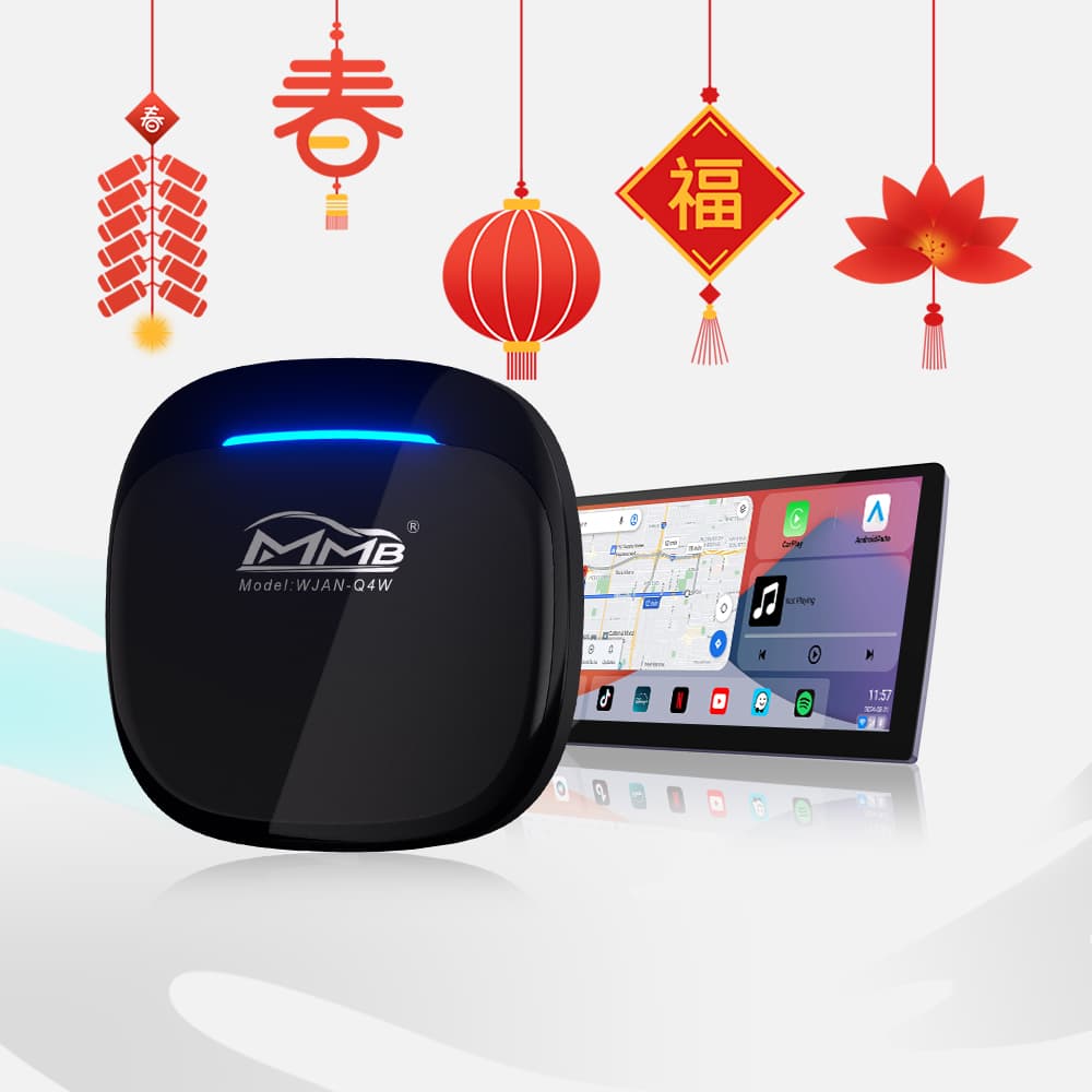 MMB Max 4.0 Android 13 smart box showing split-screen dashboard with Navigation, Music, CarPlay, and Android Auto app icons on a vehicle display.