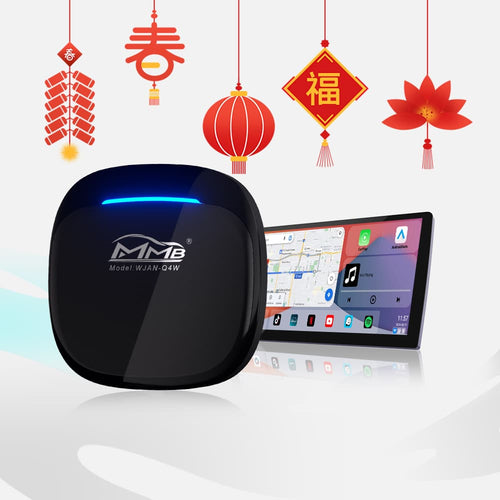 MMB Max 4.0 Android 13 smart box showing split-screen dashboard with Navigation, Music, CarPlay, and Android Auto app icons on a vehicle display.