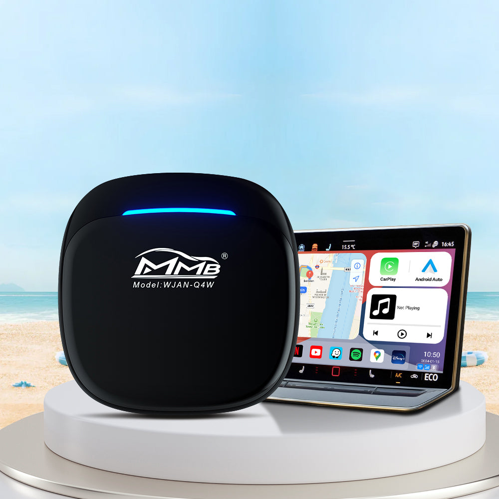 MMB Max 4.0 Android 13 smart box showing split-screen dashboard with Navigation, Music, CarPlay, and Android Auto app icons on a vehicle display.