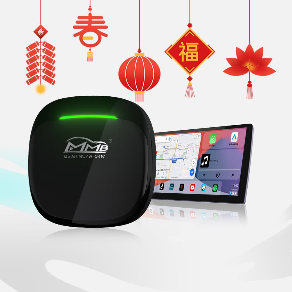 MMB Max 5.0 AI Box wireless CarPlay adapter displayed with car screen interface