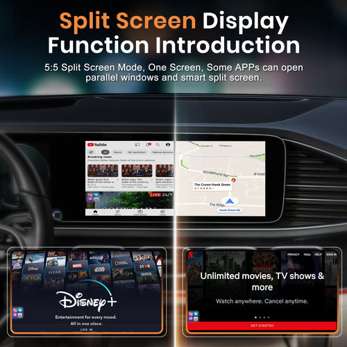MMB Max 5.0 AI Box split screen display showing navigation and video apps together