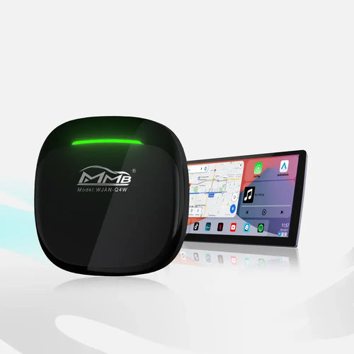 MMB Max 5.0 AI Box wireless CarPlay adapter displayed with car screen interface