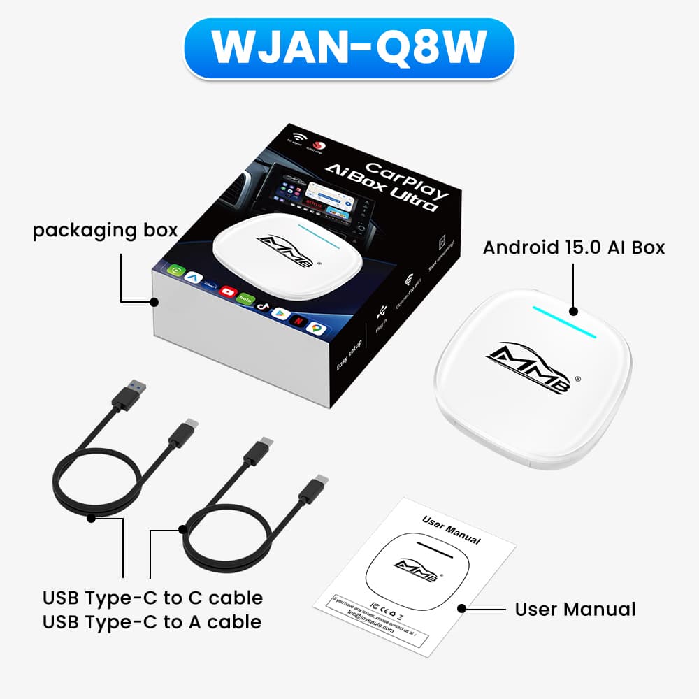 MMB Max Q8W Android 15 AI Box package contents including AI box, USB cables and user manual