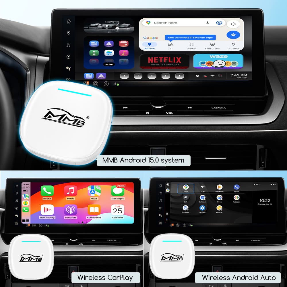 MMB Max Q8W AI Box running Android 15 with wireless CarPlay and wireless Android Auto