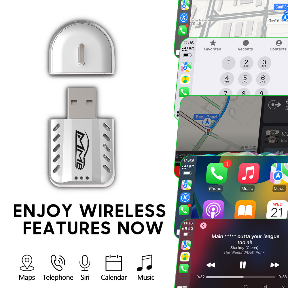 MMB Mini 2.0 wireless CarPlay adapter showing maps, phone, music and Siri features