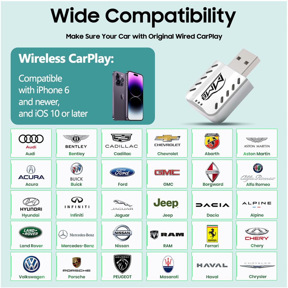 MMB Mini 2.0 wireless CarPlay adapter compatible with iPhone iOS 10+ and most wired CarPlay cars
