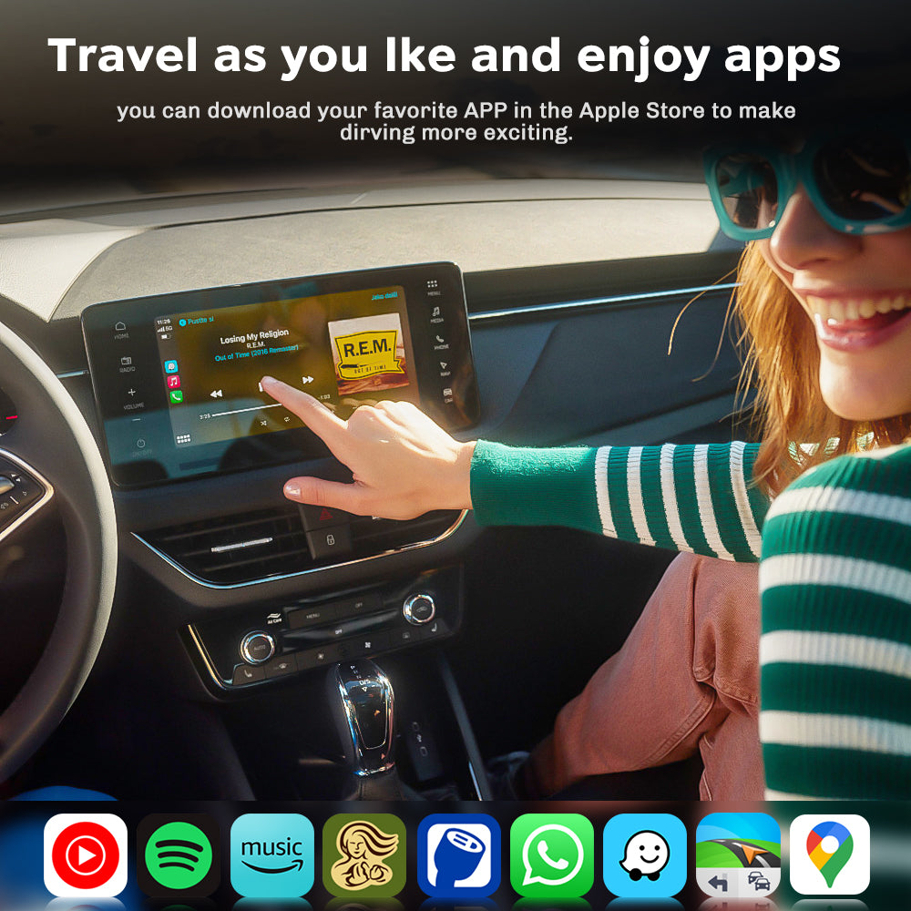 User interacting with the car touchscreen using an MMB adapter to enjoy favorite apps like Spotify, Maps, and YouTube during travel.