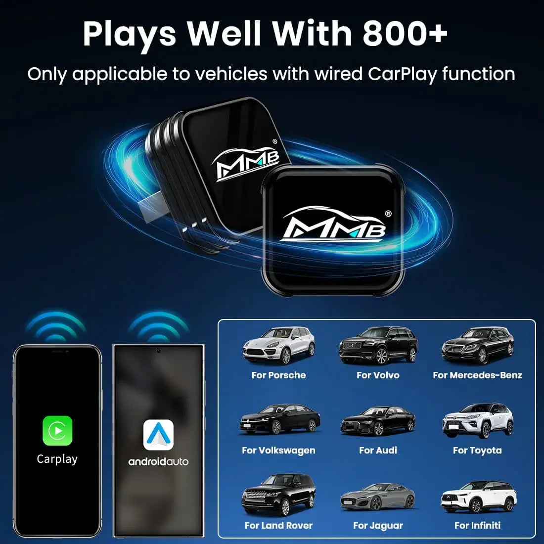 MMB Mini Ultra wireless CarPlay adapter compatible with over 800 vehicles supporting wired CarPlay