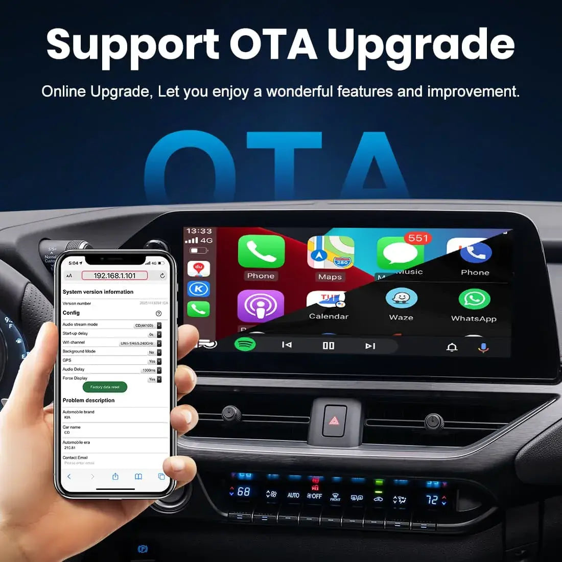 MMB Mini Ultra wireless CarPlay adapter updating firmware via OTA using a smartphone